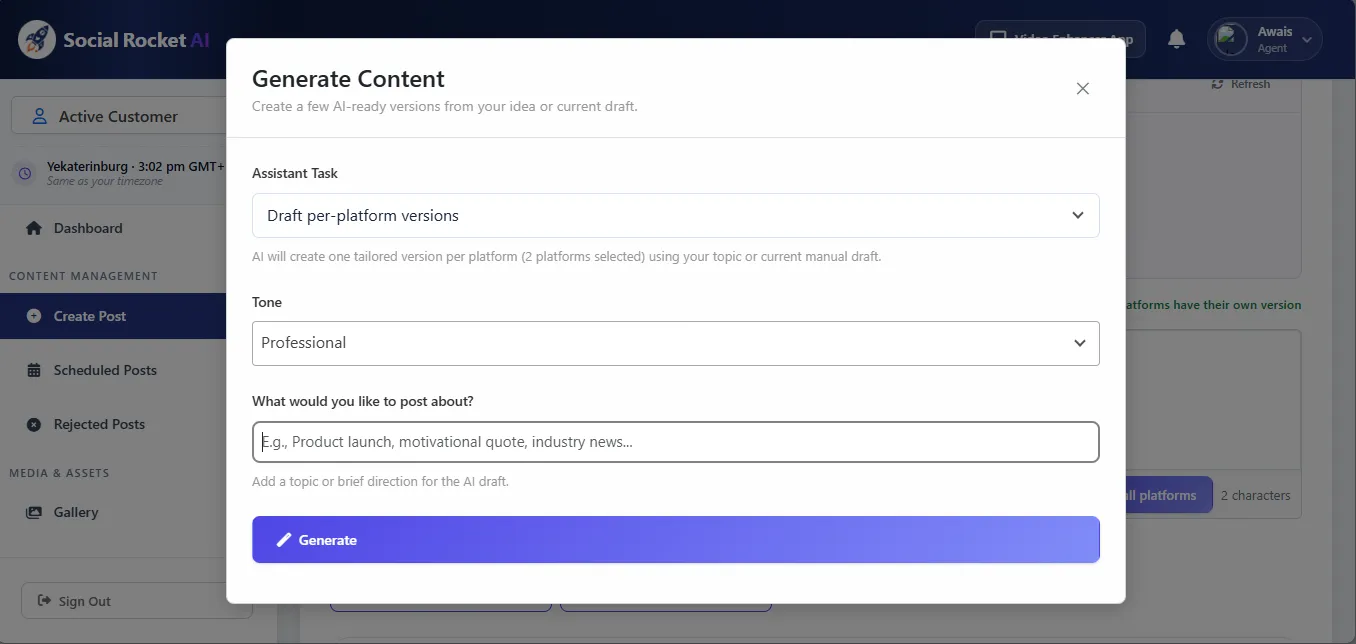 Social Rocket AI Generate Content dialog drafting per-platform versions of a post with a chosen tone and topic