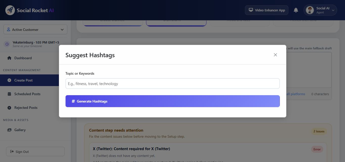 Social Rocket AI Generate Hashtags dialog with platform-specific suggestions and a preview of the final post