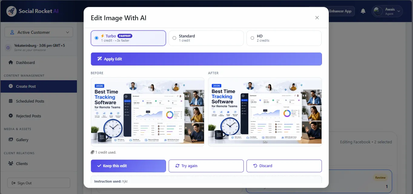 Social Rocket AI Edit Image With AI dialog comparing before and after with Keep this edit, Try again, and Discard