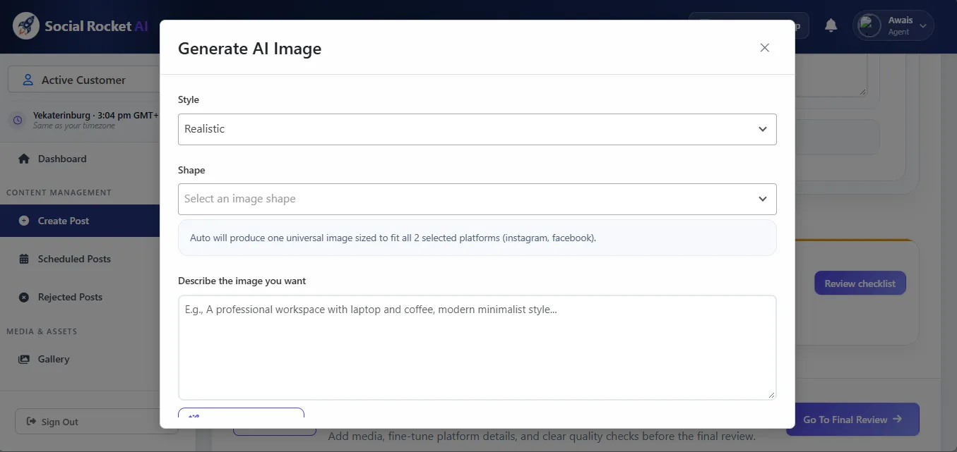 Social Rocket AI Generate AI Image dialog with style, image shape, and a prompt sized for the selected platforms