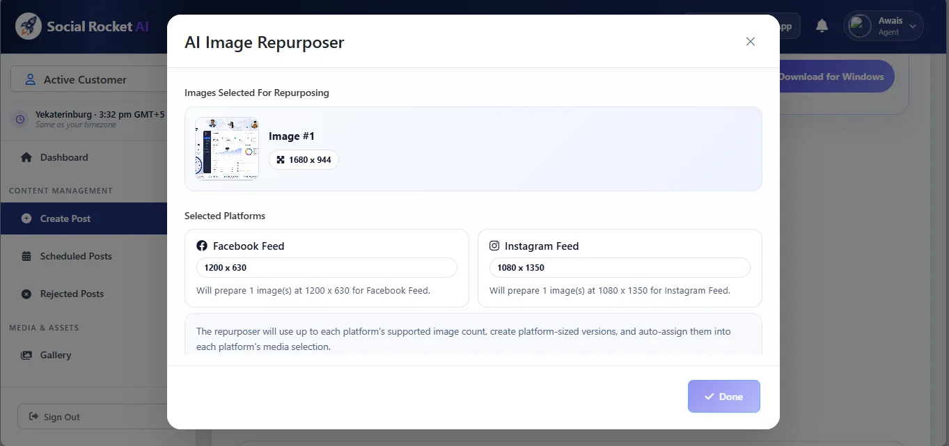 Social Rocket AI image repurposing dialog preparing one selected image for Facebook and Instagram feed dimensions