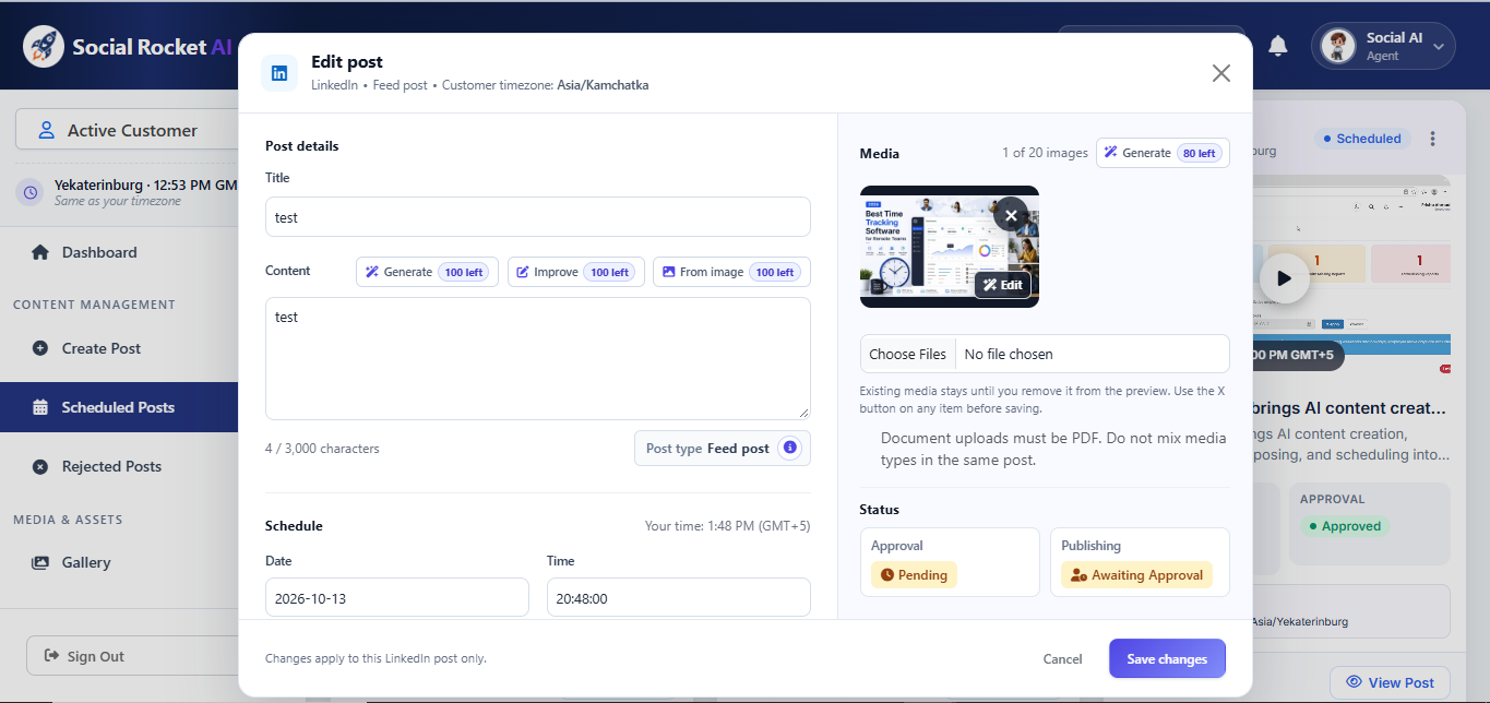Social Rocket AI Edit Post dialog for a scheduled post with Accept and Reject approval actions