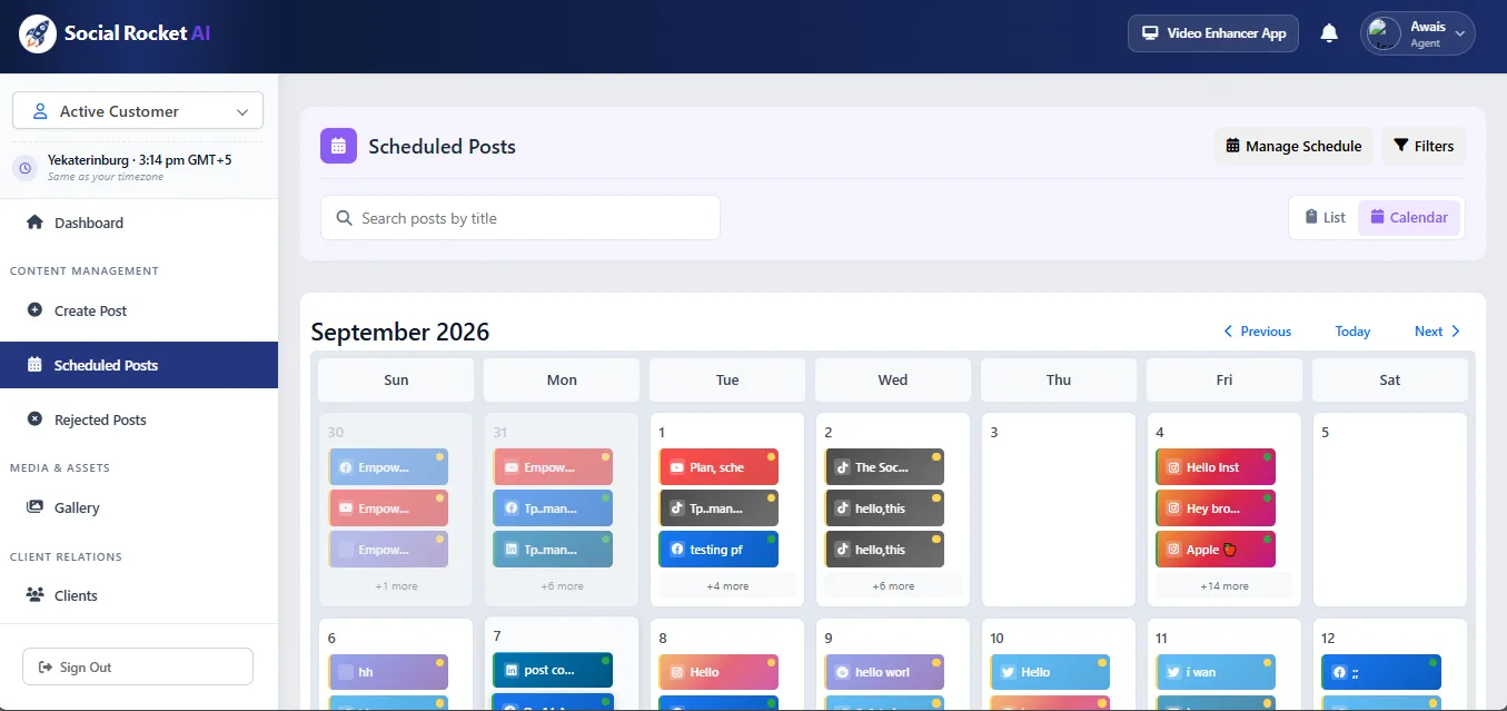 Social Rocket AI Scheduled Posts calendar view showing a month of posts across connected platforms