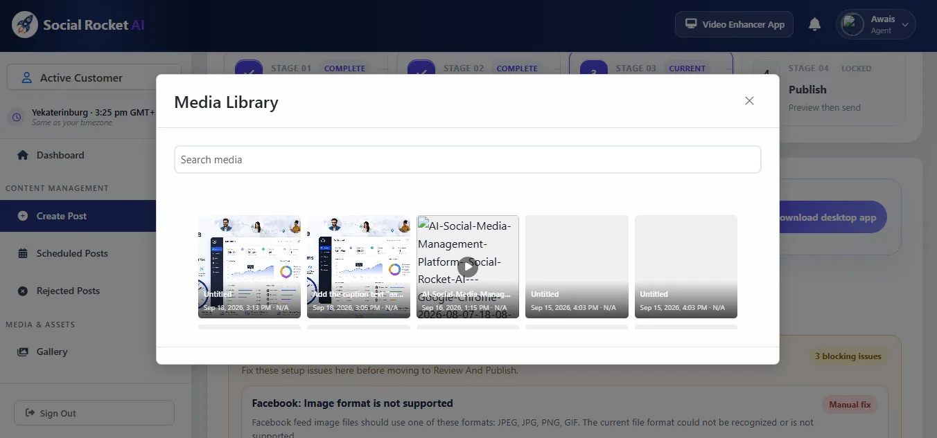 Social Rocket AI Media Library dialog with searchable saved images and videos inside the post creation flow