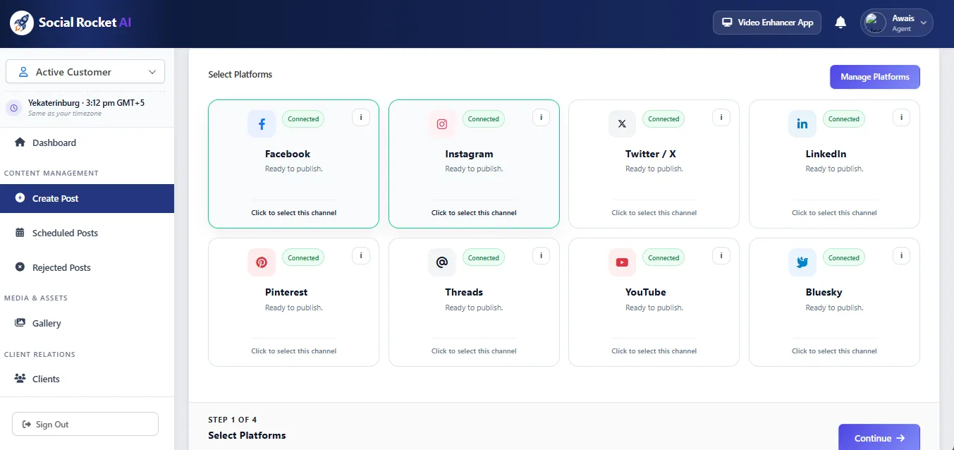 Social Rocket AI Select Platforms step with Facebook, Instagram, X, LinkedIn, Pinterest, Threads, YouTube, and Bluesky connected
