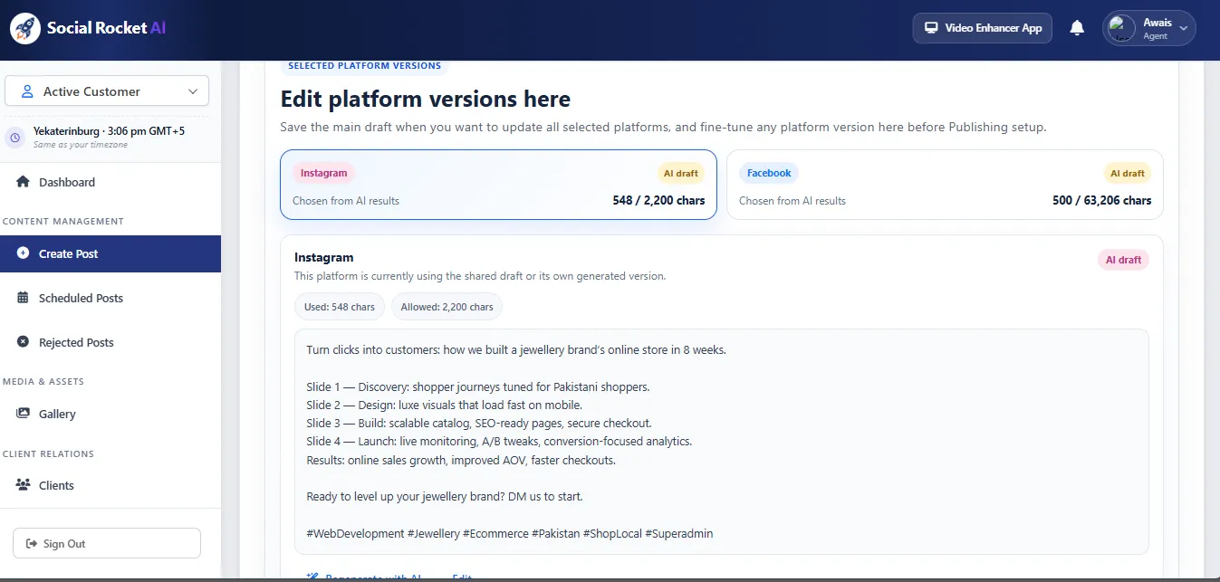 Social Rocket AI platform versions editor showing separate Instagram and Facebook drafts with character limits