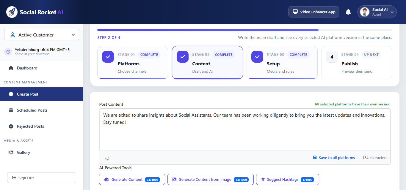 Start with an idea, draft, or media asset and choose the content you want to turn into a social post. You can write it yourself or use AI to prepare captions, hashtags, and visuals before selecting destinations.