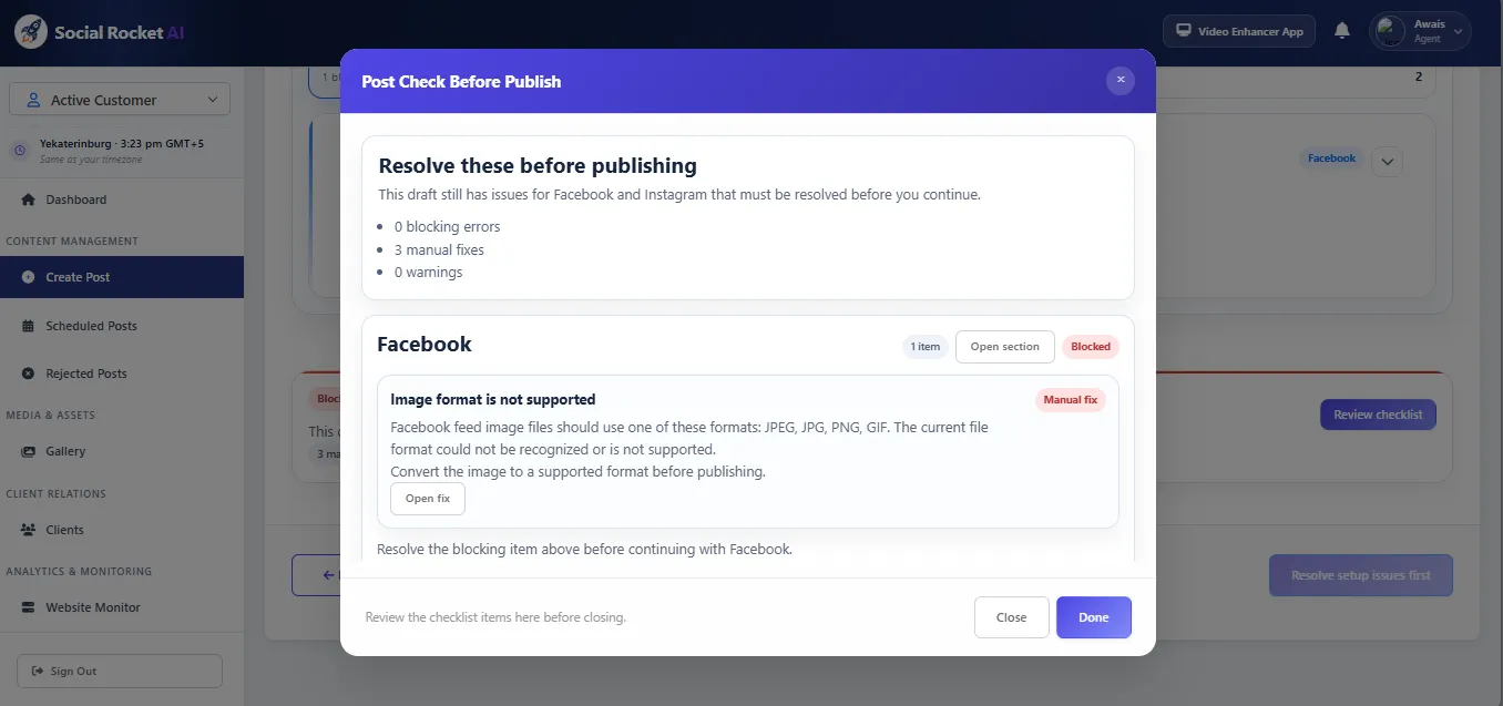Social Rocket AI Post Check Before Publish dialog listing a Facebook image format issue to resolve before publishing