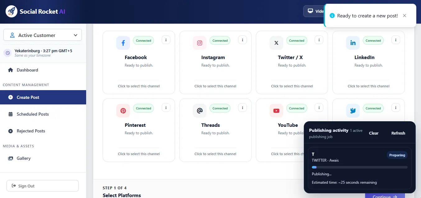 Social Rocket AI connected platform cards with a Publishing activity panel tracking an active publishing job