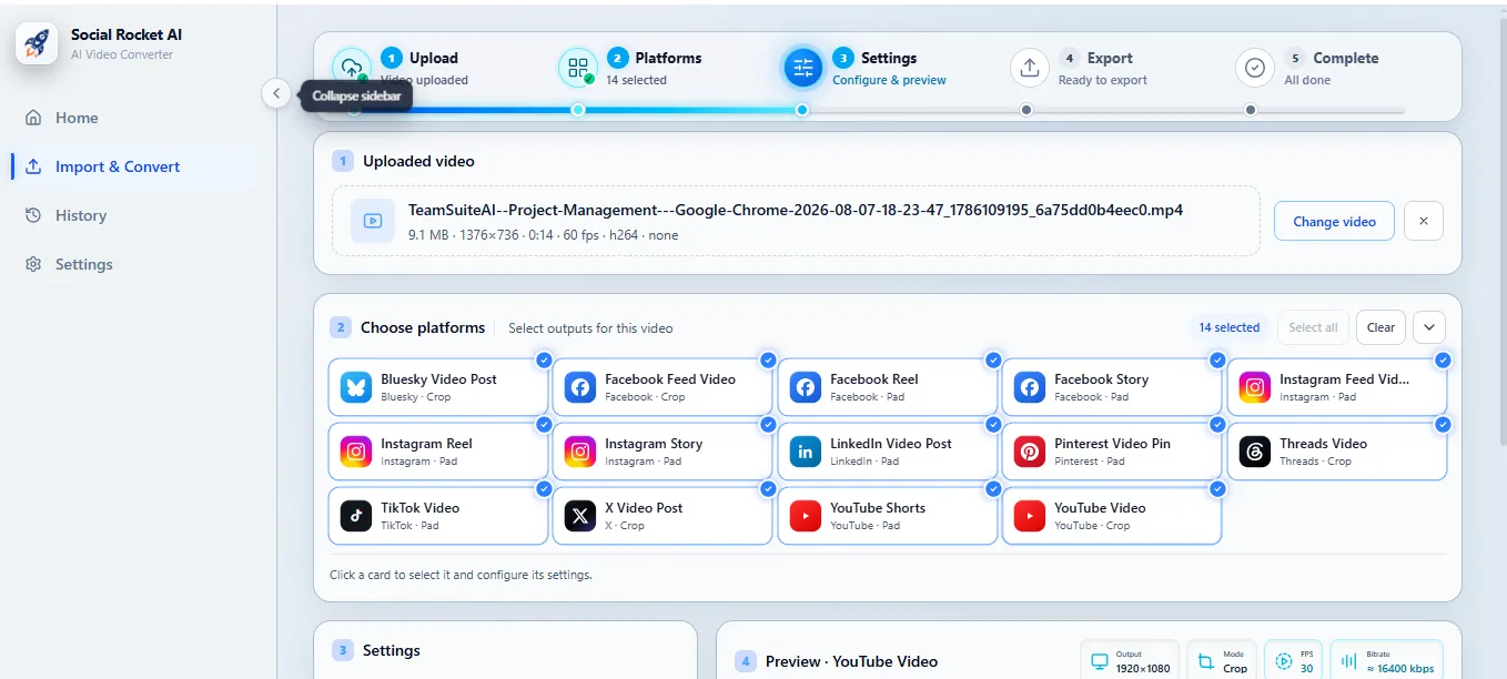 Social Rocket AI video reframer choosing output formats such as Reels, Shorts, TikTok, and Stories for one uploaded video