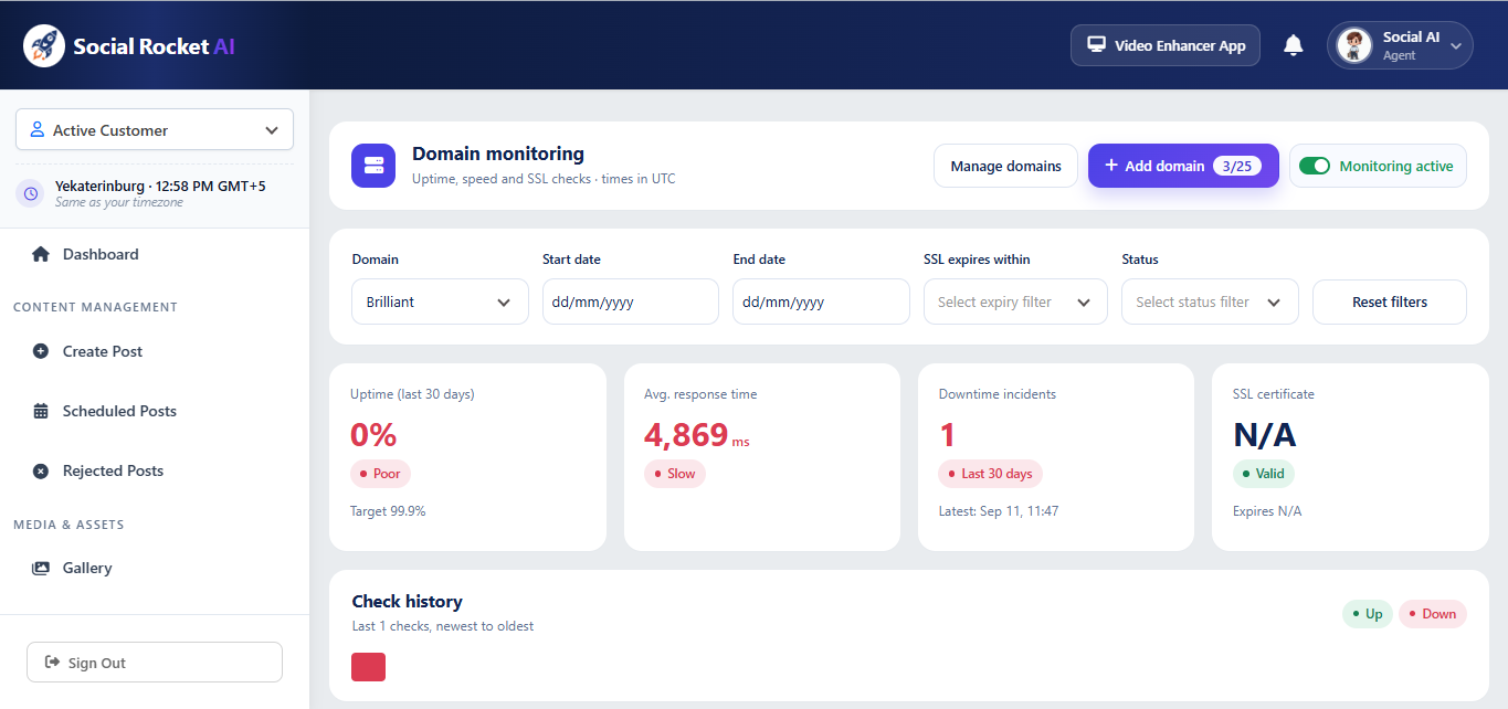 Social Rocket AI Domain Monitoring dashboard with SSL expiry filter, uptime, average response time, and downtime incidents